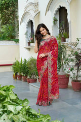 Red Gota Patti Saree draped view showing Bandhani print and green mono silk blouse