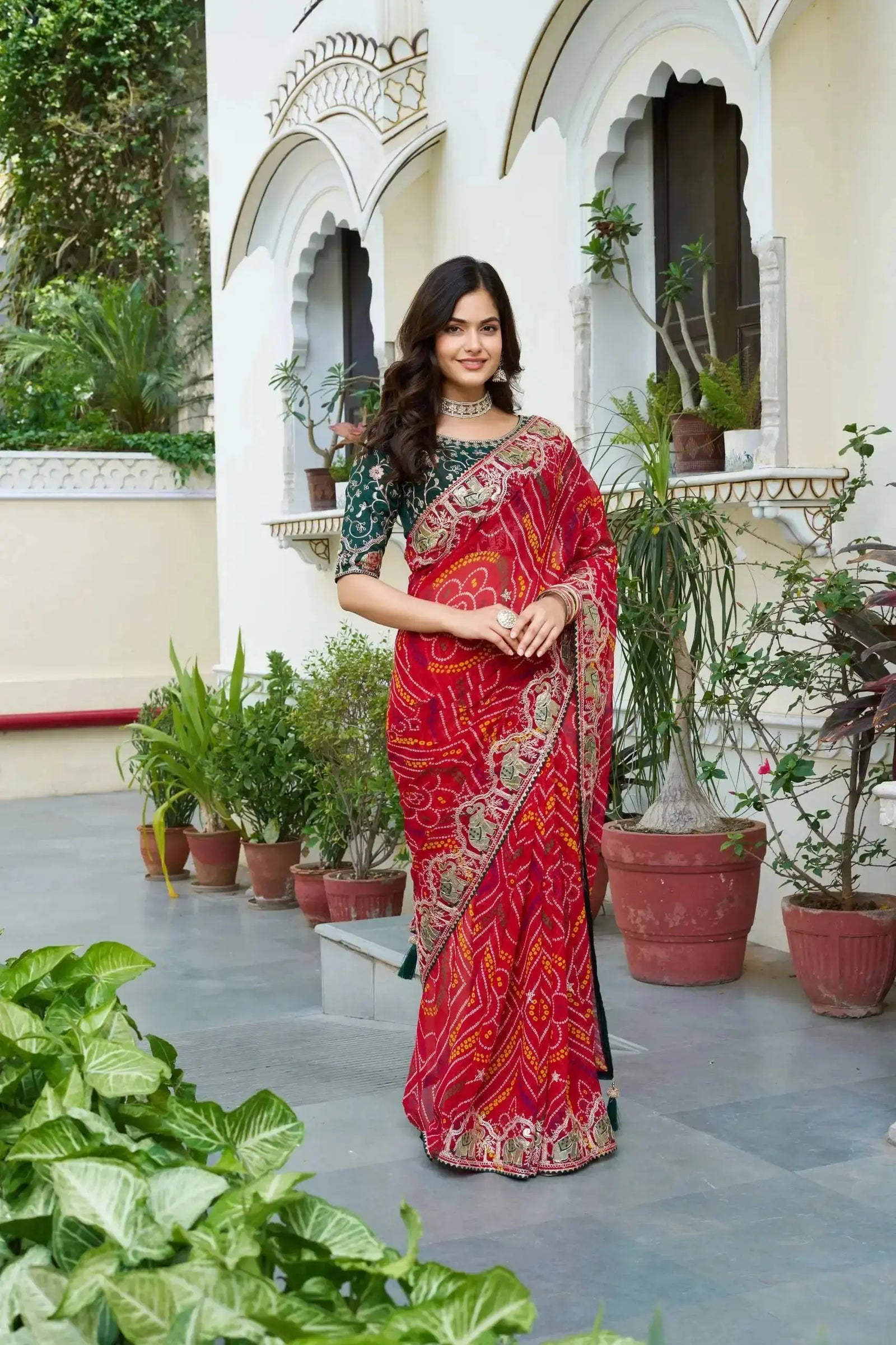 Red Gota Patti Saree close-up of pallu with elephant motif gota-patti embroidery