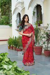 Red Gota Patti Saree close-up of pallu with elephant motif gota-patti embroidery