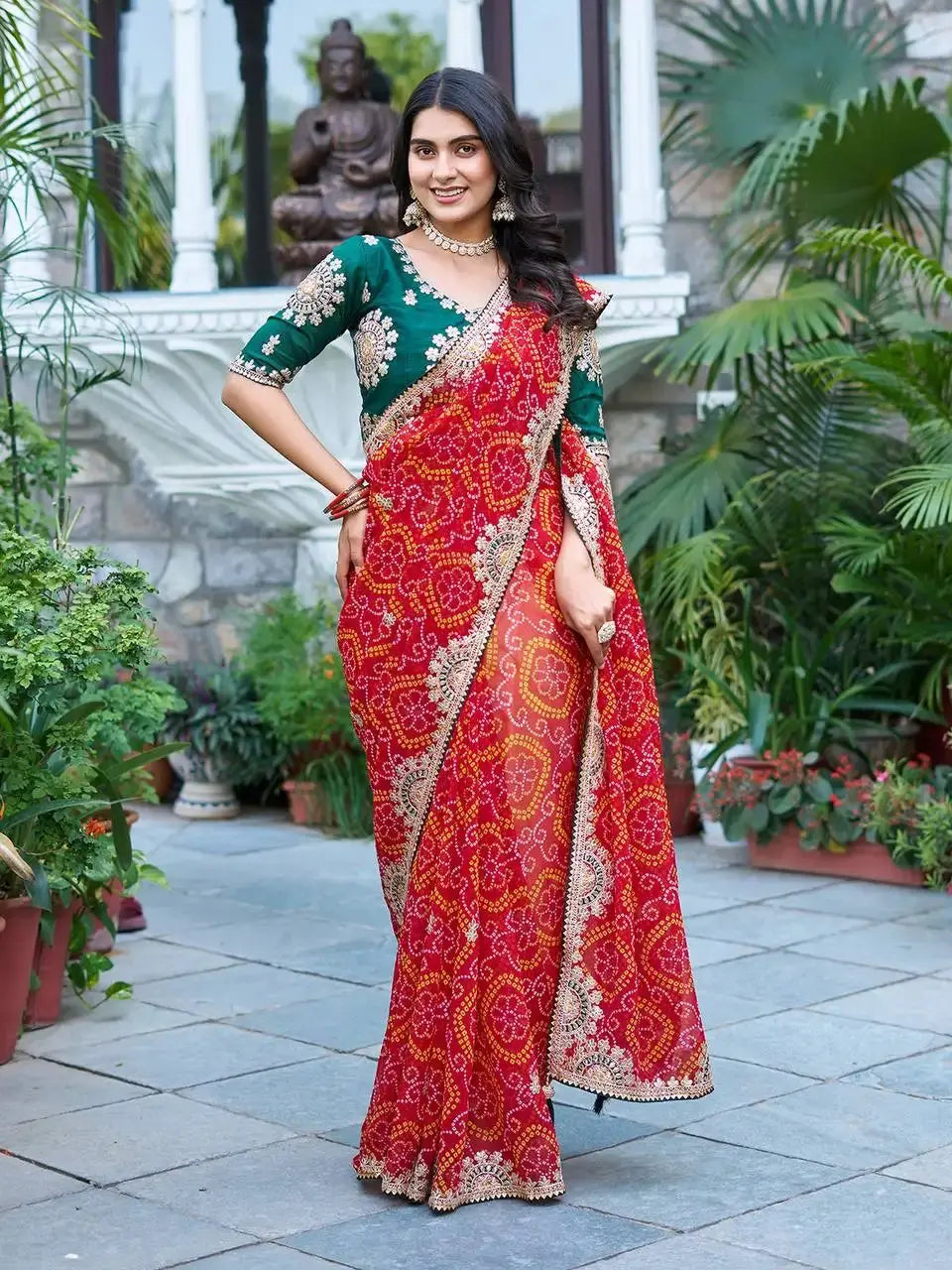 Full length front view of Red Gota Patti Saree with green Mono Silk blouse