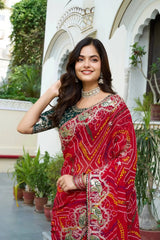 Model wearing Red Gota Patti Saree with kundan choker and jhumka earrings