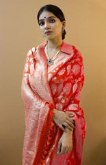 Red Jacquard Work Saree Indoor