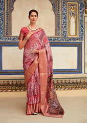 Woman wearing a traditional saree in a decorated interior setting