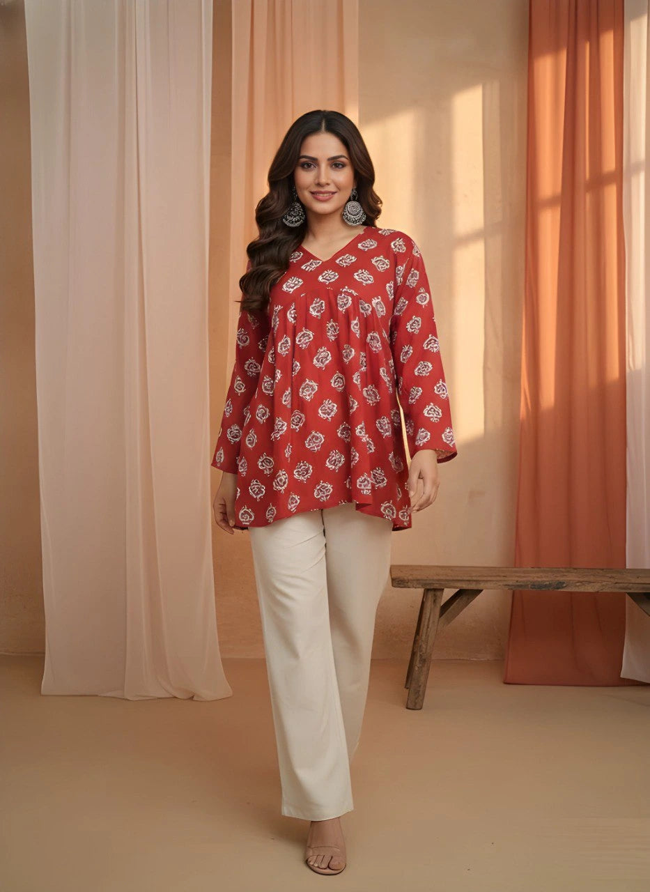 Red Cotton Short Kurti Kalyanja Fashion