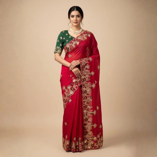 Red Embroidery Work Soft Fendy Chiffon Saree – Kalyanja