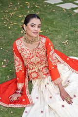 Woman in traditional red and white embroidered outfit sitting on grass