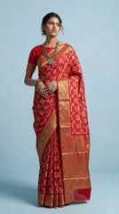 Woman wearing a red saree with gold border on a light blue background