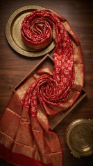 Red and gold patterned fabric on a wooden surface with gold coasters.