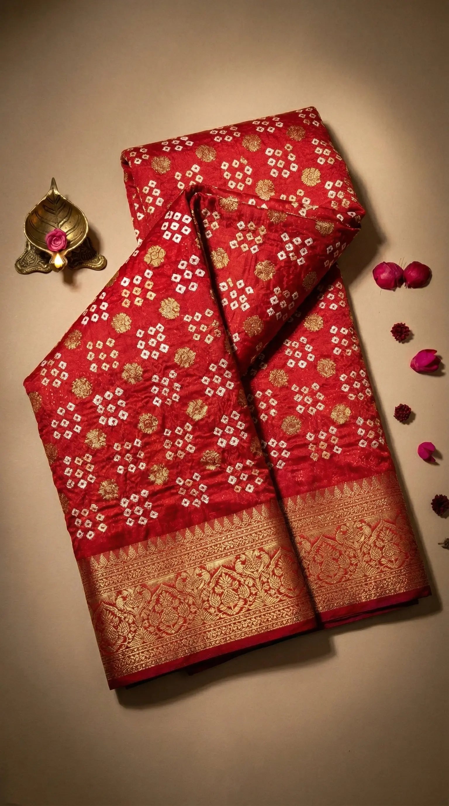 Red saree with gold patterns on a beige background