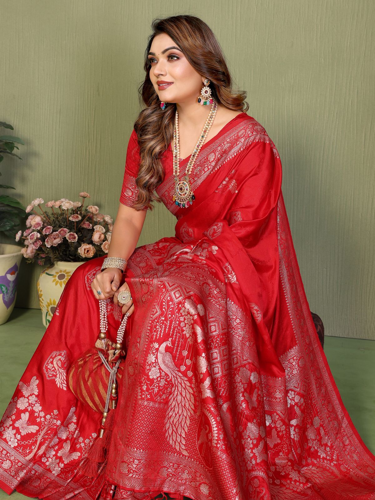 Woman in a red saree with intricate patterns, standing against a green wall.