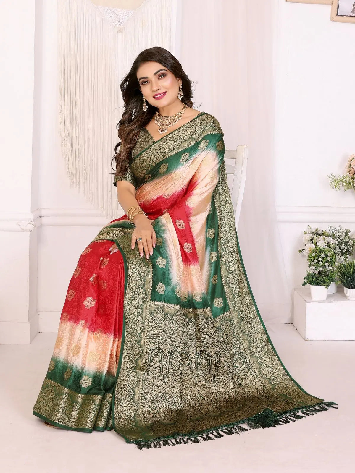 Woman wearing a traditional saree with a red and green pattern in a bright room.
