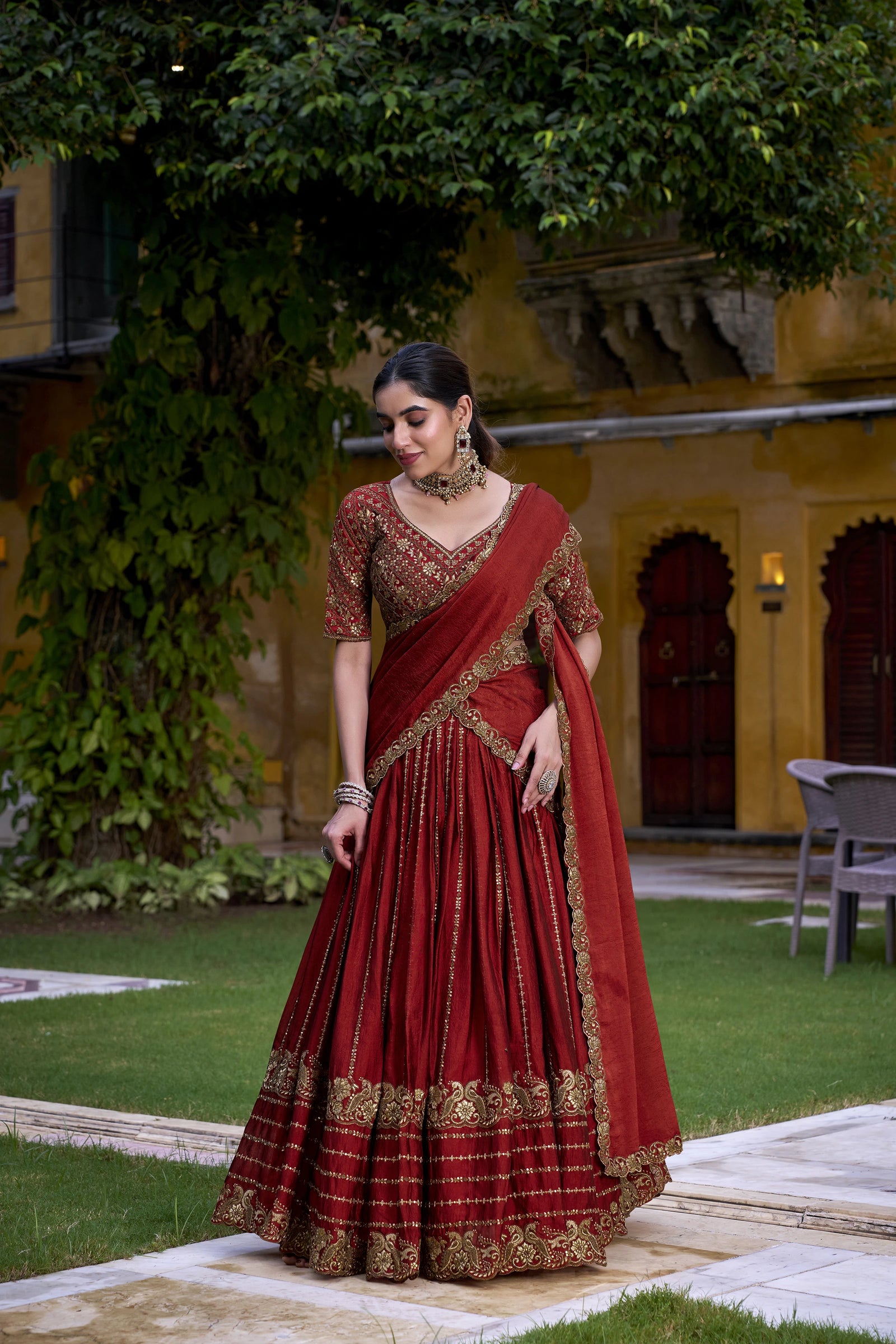 Dark Maroon Sequins And Thread Embroidery Work Rangoli Crush Lehenga