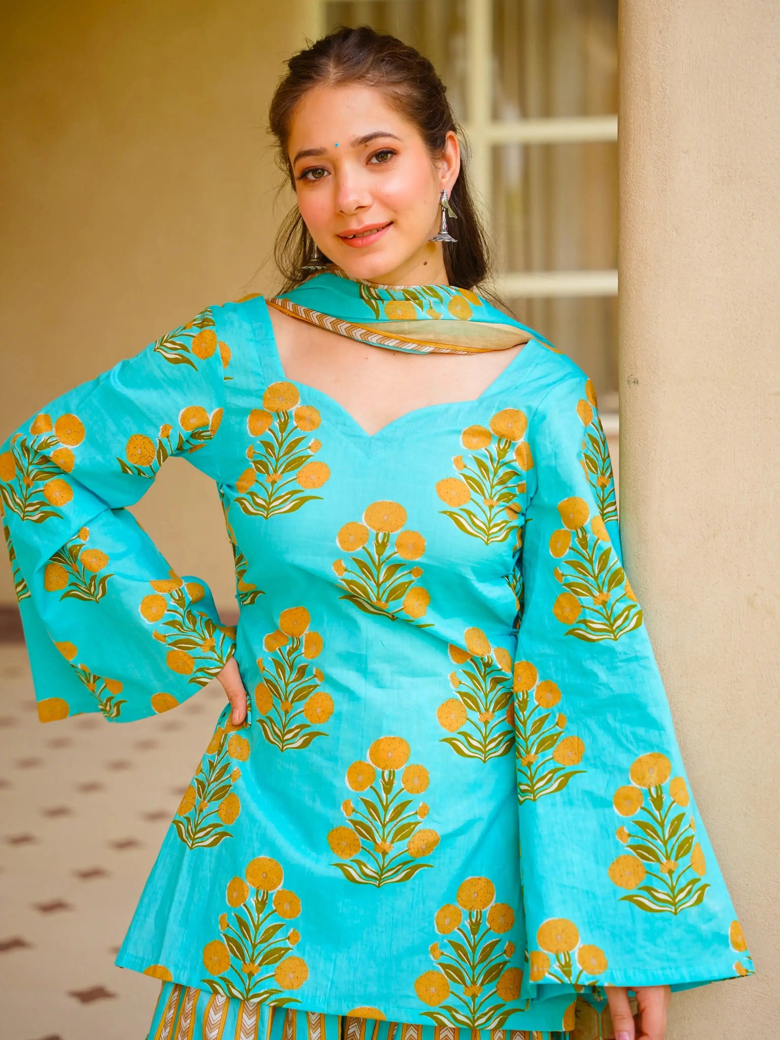 Sweetheart neckline and bell sleeve detail of Sky Blue Digital Floral Print Kurti