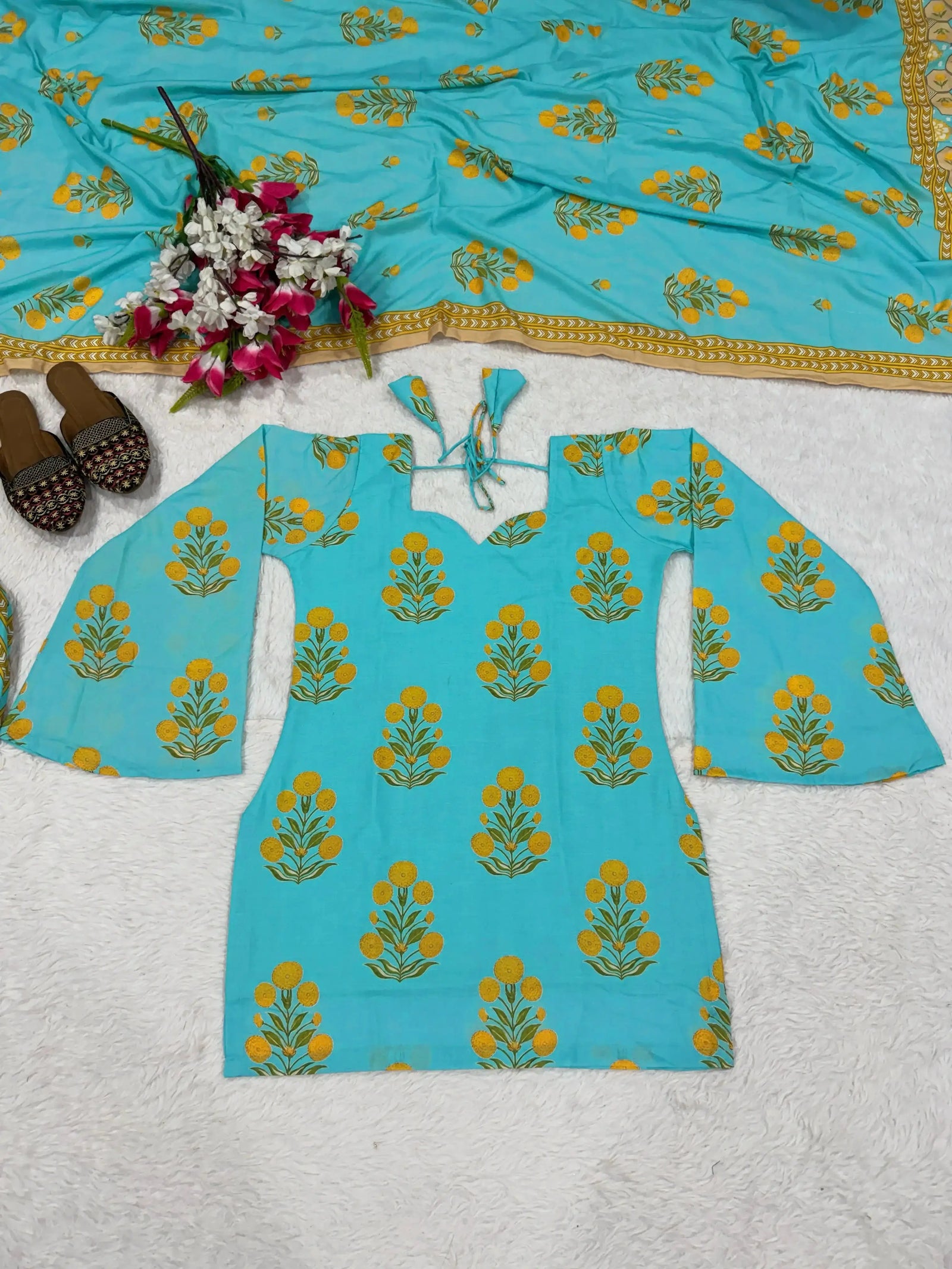 Sky Blue Digital Floral Print Kurti flat lay with matching dupatta