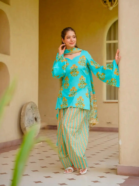 Sky Blue Digital Floral Print Kurti with marigold motifs – front model view