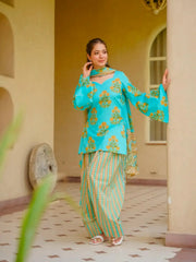 Sky Blue Digital Floral Print Kurti with marigold motifs – front model view