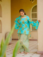 Sky Blue Digital Floral Print Kurti – model wearing complete 3-piece set