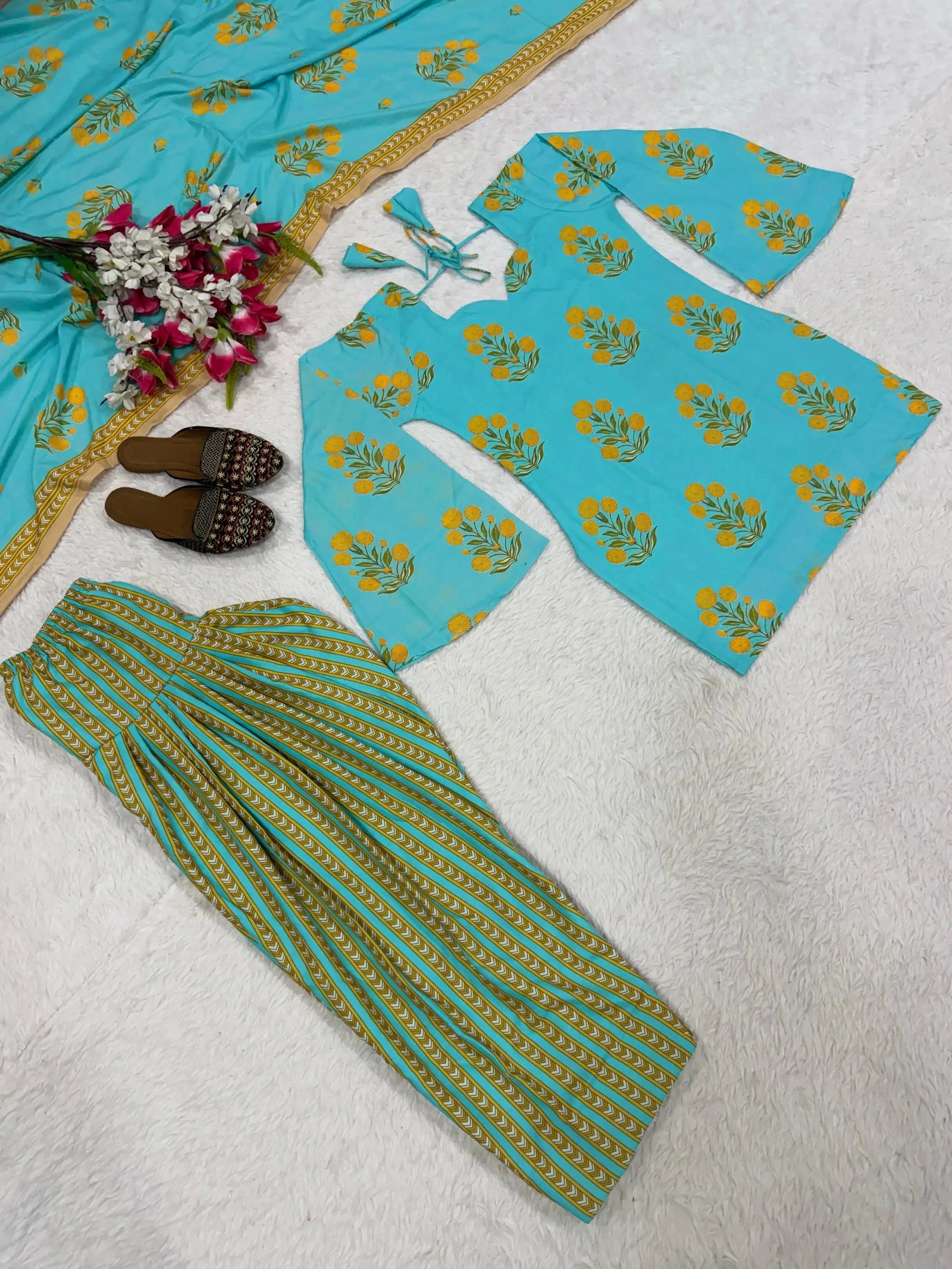 Sky Blue Digital Floral Print Kurti with Straight Pants – complete 3-piece flat lay