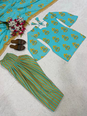 Sky Blue Digital Floral Print Kurti with Straight Pants – complete 3-piece flat lay