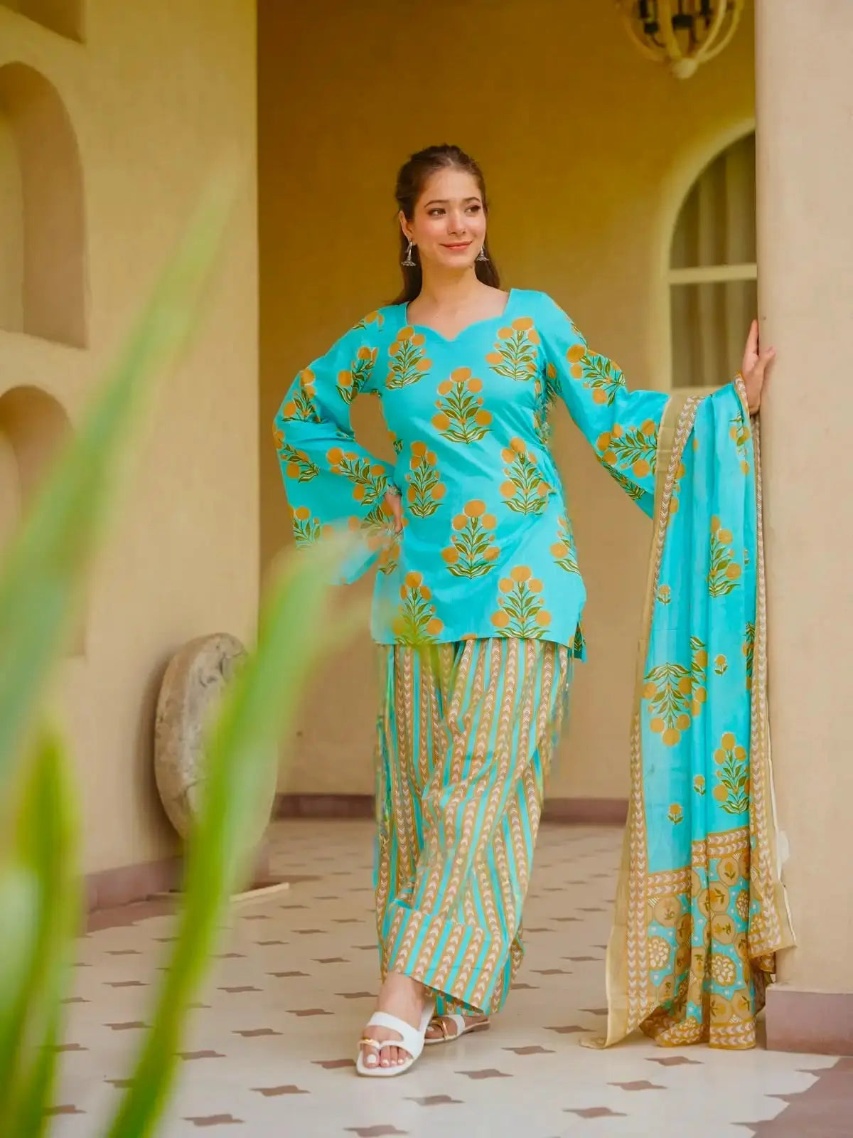 Sky Blue Cotton Kurti Set with bell sleeves and sweetheart neckline – side view