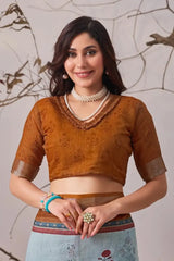 Running blouse piece close-up – golden brown linen cotton with ruffle V-neck detail, KS317