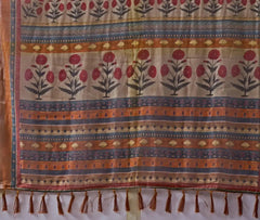 Digital Floral Print Saree pallu detail – folk-art red florals, geometric stripe bands and golden brown tassels
