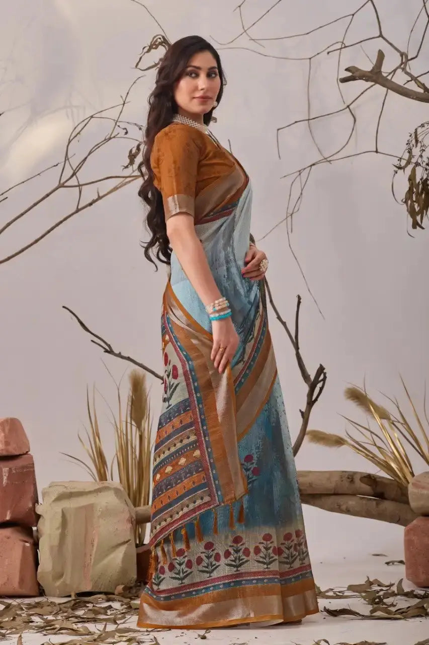 Sky Blue Digital Floral Print Saree – side drape view showing contrast border and layered pallu