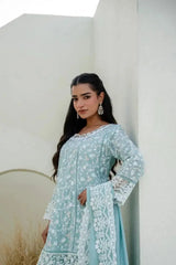 Sky Blue Sequins Suit with lace border dupatta draped