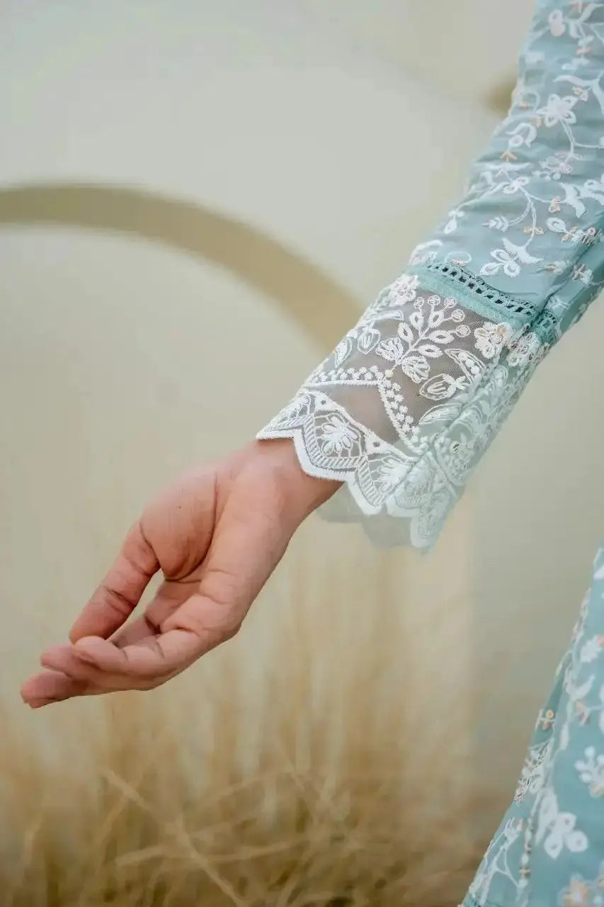 Sky Blue Sequins Suit with floral embroidery – front view