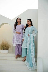 Sky Blue Sequins Suit and Lavender Suit on steps