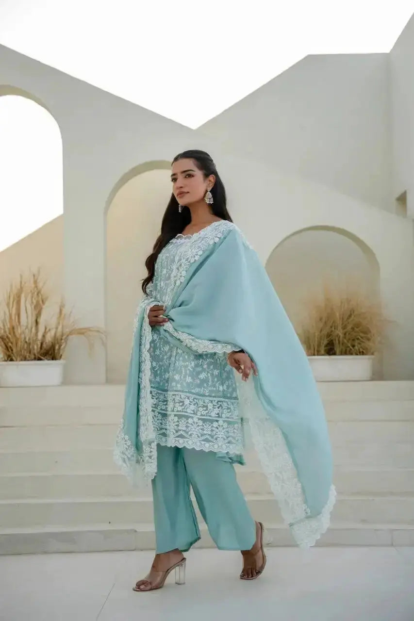 Sky Blue Sequins Suit square neckline embroidery close-up
