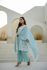Sky Blue Sequins Suit square neckline embroidery close-up