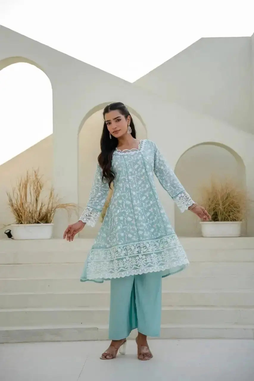 Sky Blue Sequins Suit close portrait with embroidery detail