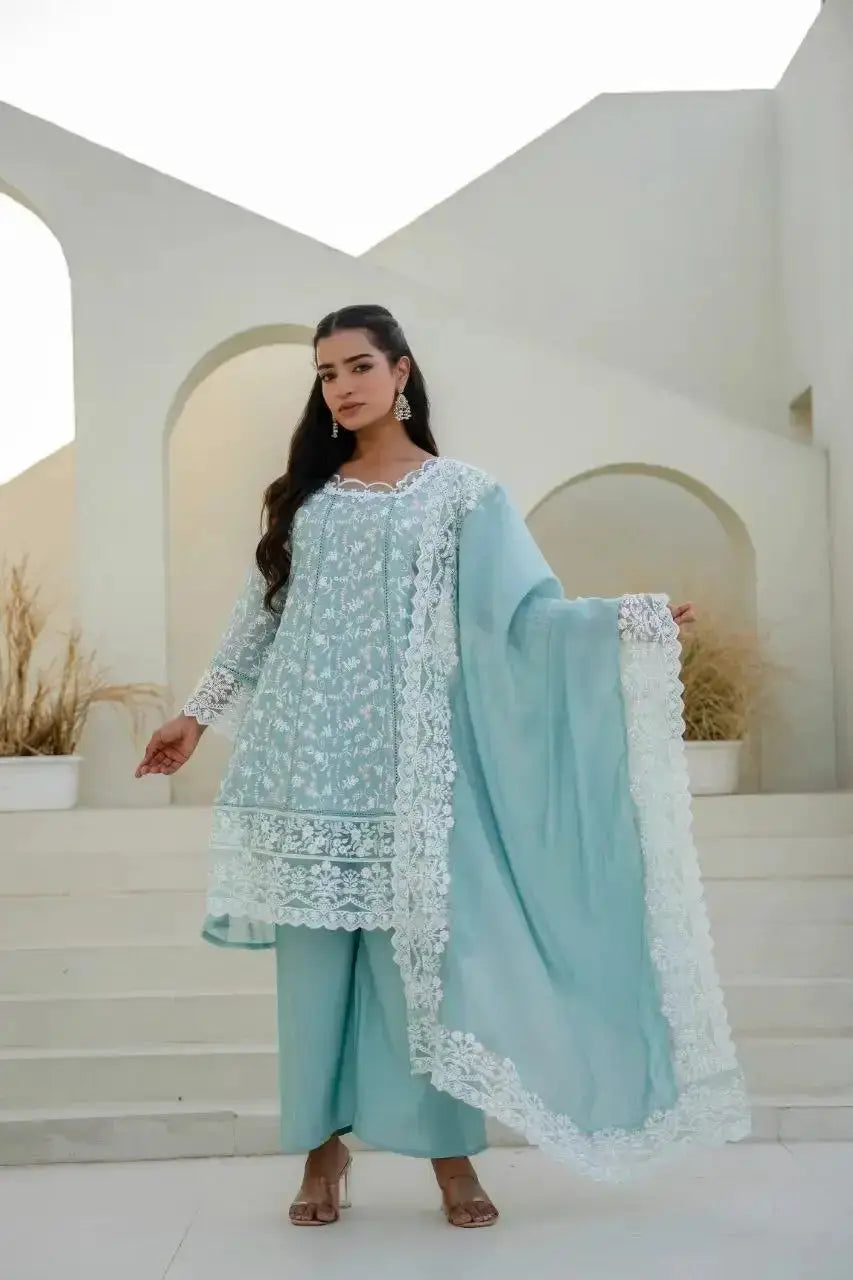 Sky Blue Sequins Suit sleeve cuff lace detail