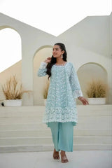 Sky Blue Sequins Suit flared silhouette in motion