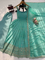 Sky Blue Sequins Embroidered Suit Set – Flat Lay showing Suit, Pant & Dupatta | KU251
