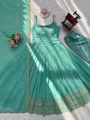 Sky Blue Sequins Embroidered Suit – Top View Flat Lay with Pant & Dupatta | KU251