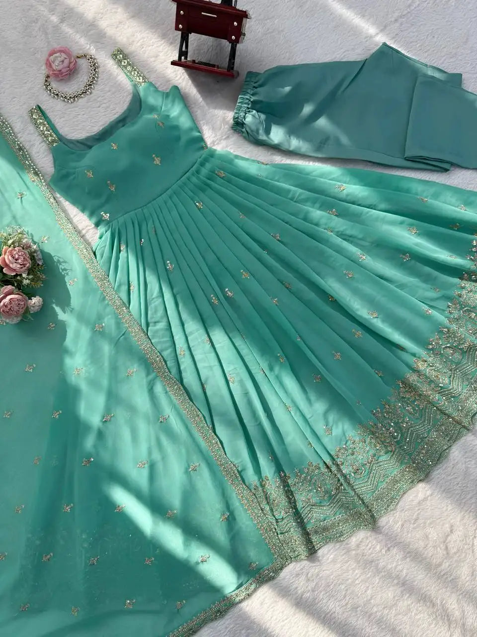 Sky Blue Anarkali Suit Angled Flat Lay showing Full Hem Embroidery | KU251