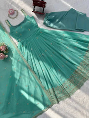 Sky Blue Anarkali Suit Angled Flat Lay showing Full Hem Embroidery | KU251