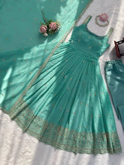 Sky Blue Faux Georgette Anarkali Suit Full Set Flat Lay – Suit, Pant & Dupatta | KU251