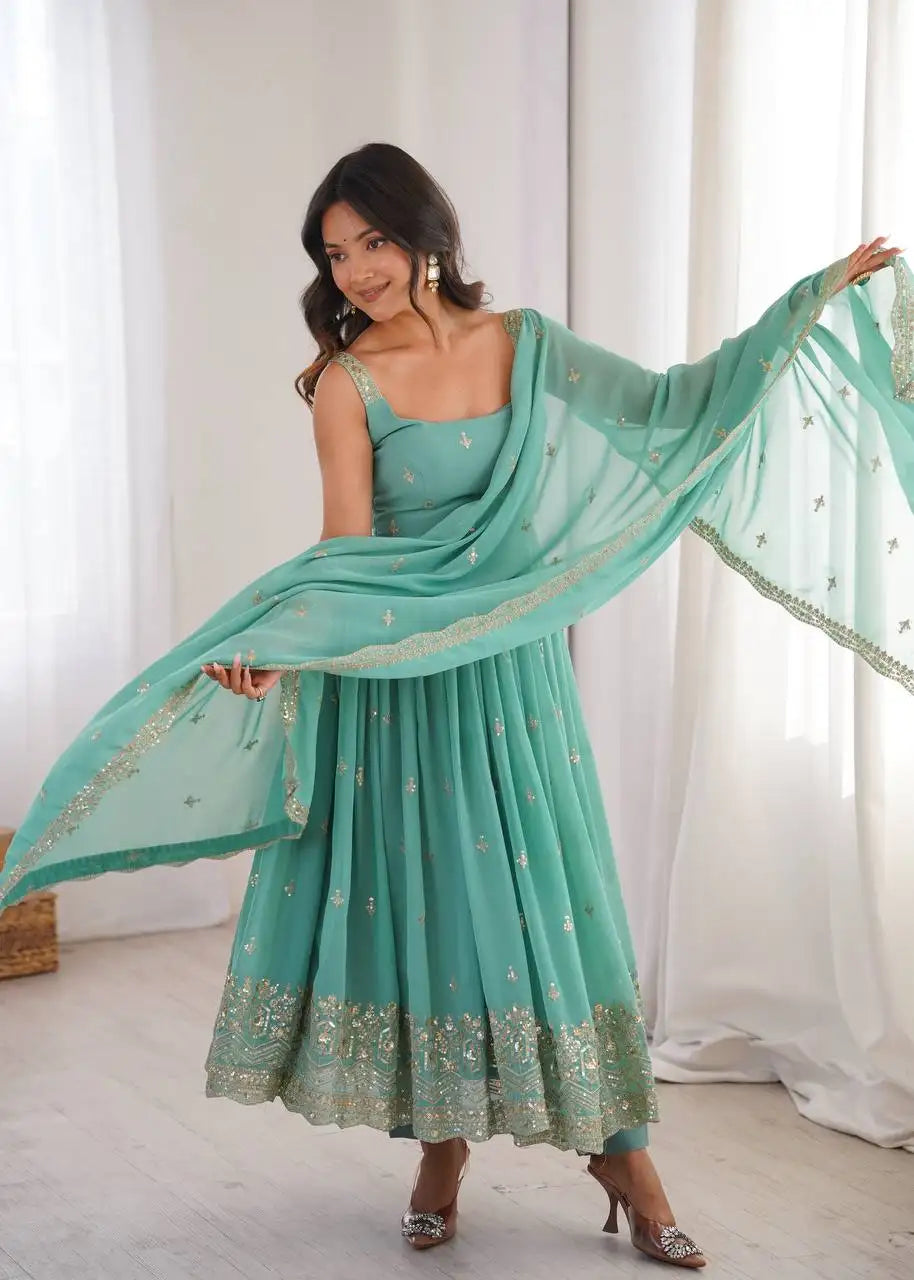 Sky Blue Anarkali Suit with Flying Dupatta – Sequins Embroidered | KU251