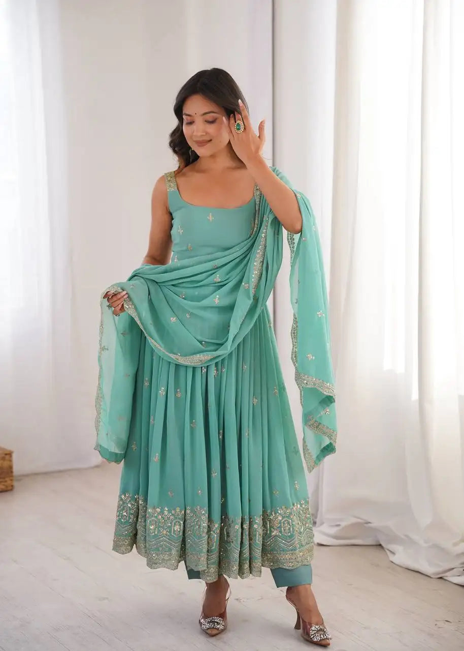 Sky Blue Faux Georgette Anarkali Suit Hem & Sequins Embroidery Detail | KU251
