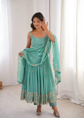 Sky Blue Faux Georgette Anarkali Suit Hem & Sequins Embroidery Detail | KU251