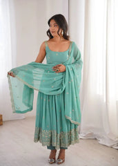Sky Blue Sequins Embroidered Anarkali Suit – Front View with Dupatta | KU251