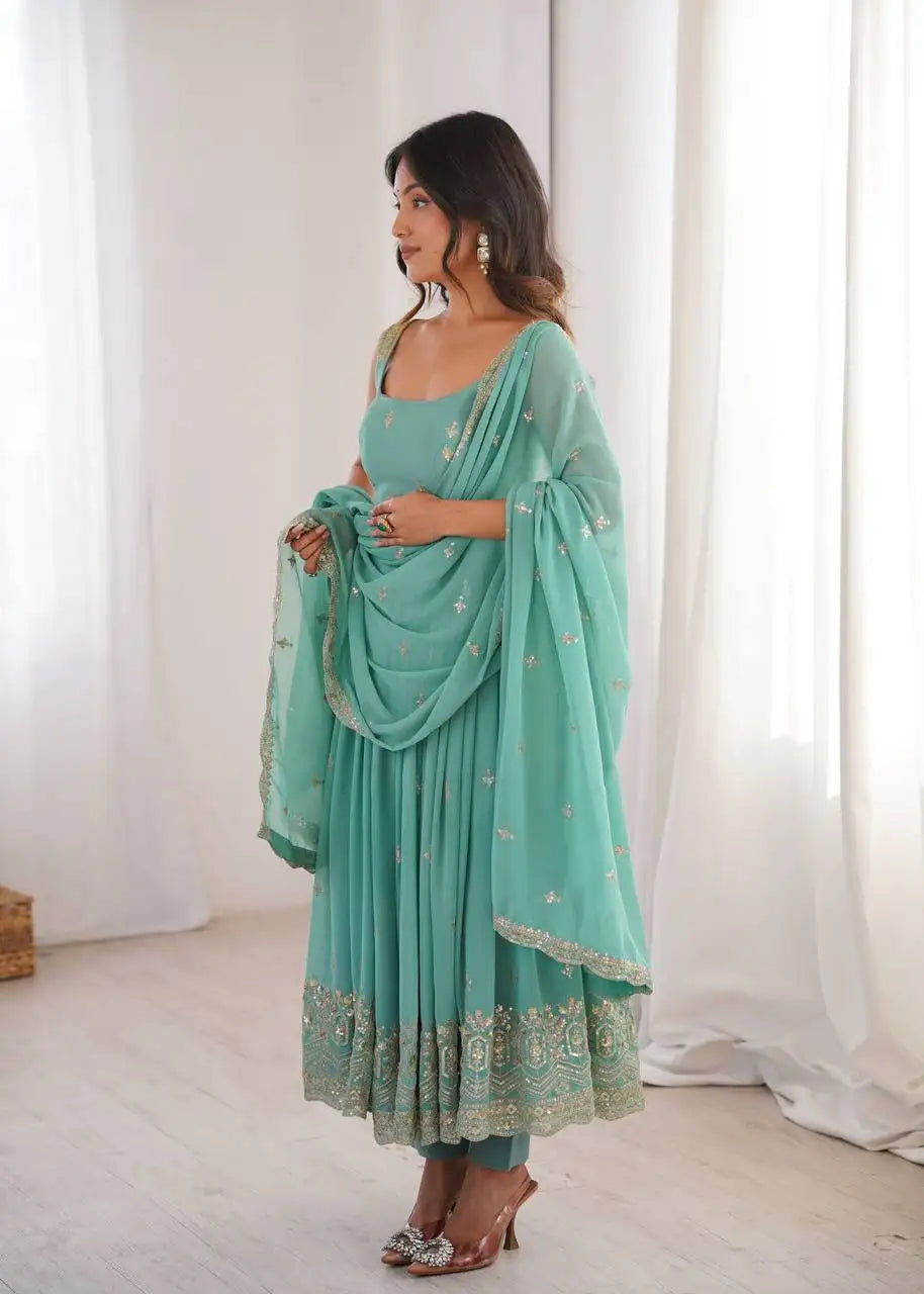 Sky Blue Faux Georgette Anarkali Suit Side Profile with Dupatta | KU251