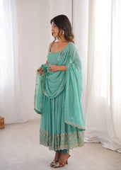 Sky Blue Faux Georgette Anarkali Suit Side Profile with Dupatta | KU251