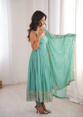 Sky Blue Sequins Embroidered Suit – Side View with Draped Dupatta | KU251