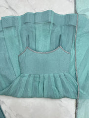 Sky blue Swarovski suit U-back design detail