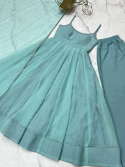 Sky blue Swarovski suit with dupatta laid flat