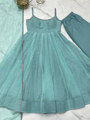Sky blue Swarovski suit, pant and dupatta set laid flat